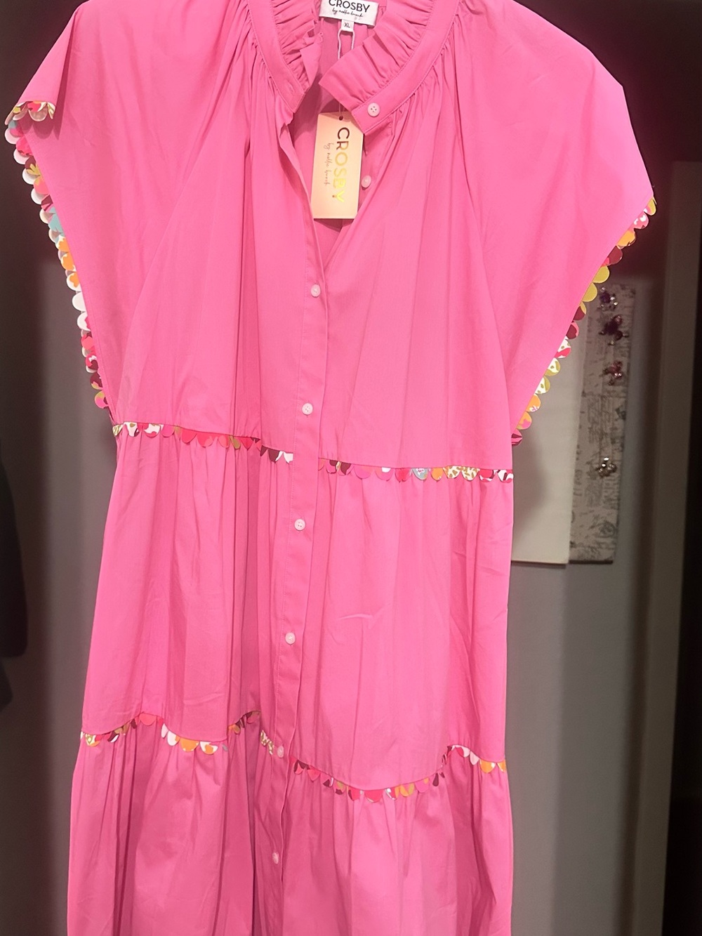 CROSBY by Mollie Burch Pink Midi Dress with Multicolor Trim-no tags - Picture 3 of 4